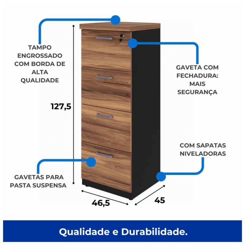 Arquivo 04 Gavetas Pasta Suspensa 1 28x0 46x0 45m NOGAL SEVILHA PRETO