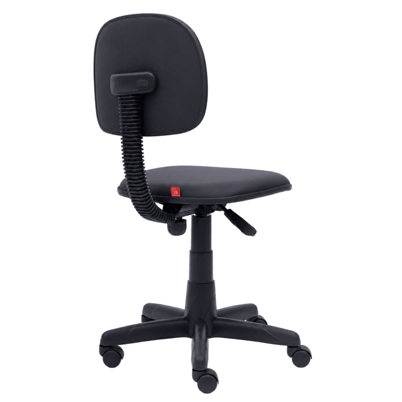 Cadeira Secretária Lisa sem braços vista por trás em três quartos, com suporte L fixo e base preta de cinco pontas.