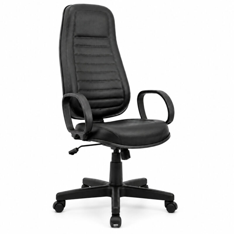 Cadeira Presidente Costurada Alta Preta em ângulo frontal oposto, com encosto costurado e braços fixos.