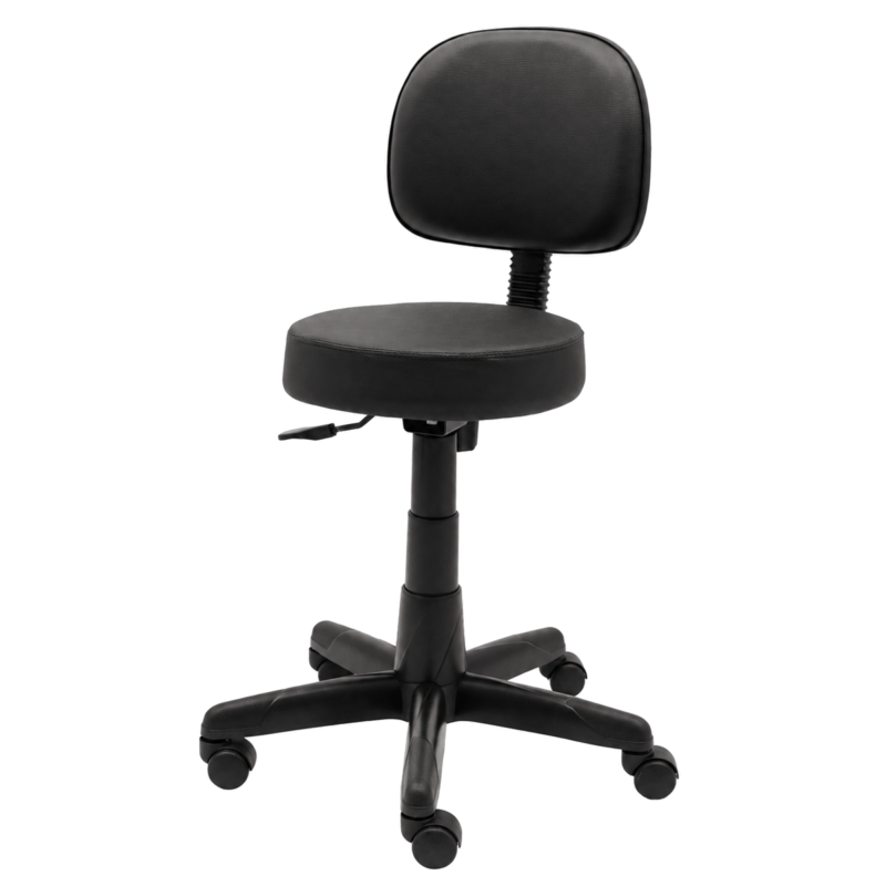 Cadeira Mocho Confort sem braços em perspectiva frontal oposta, com assento circular e base giratória preta.