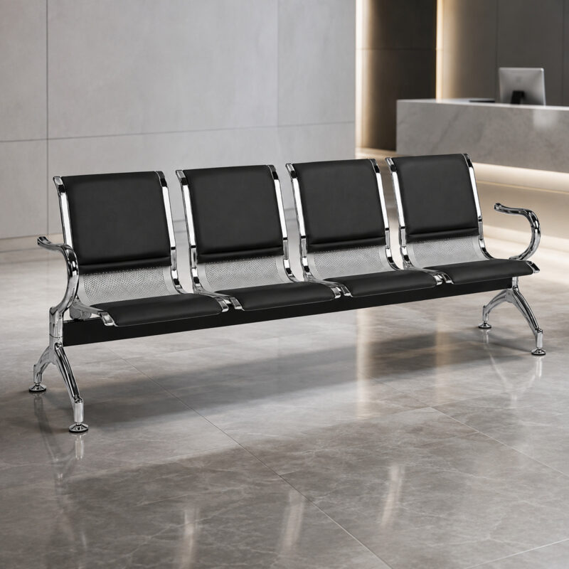 Longarina Aeroporto Estofada com 4 Lugares instalada em recepção profissional para visitantes.