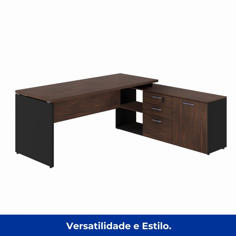Móveis para Escritório Mesa Escritório Diretorzinha c/ Aparador - Pé de MADEIRA - 1,90x1,60m MARSALA / PRETO - 23487