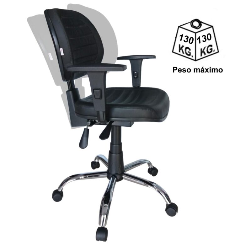 Cadeira Executiva Back System COSTURADA - ARANHA CROMADA - Braços Reguláveis - Cor Preta - Pollo Móveis - 31011