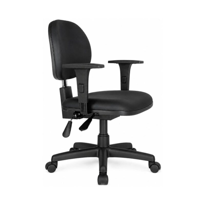 Cadeira Ergonômica Back System NR 17 em três quartos Cadeira Ergonômica Back System NR 17 em vista frontal de três quartos, com braços reguláveis e rodízios