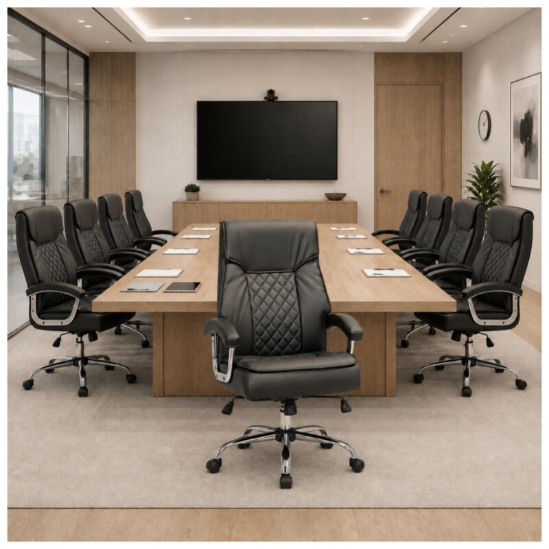 Poltronas Presidente Luxo Confort pretas ao redor de uma mesa em sala de reunião corporativa.