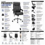 Ficha técnica da Poltrona Presidente Luxo Confort com molas ensacadas, mecanismo Syncron e capacidade para 120 quilos.