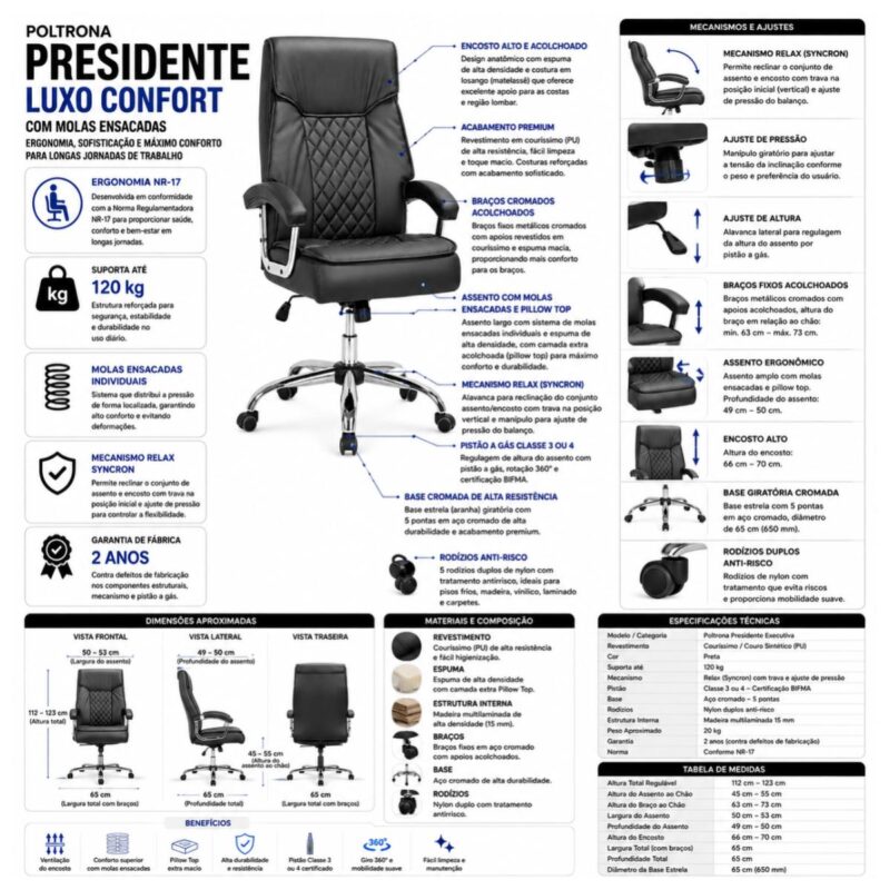 Ficha técnica da Poltrona Presidente Luxo Confort com molas ensacadas, mecanismo Syncron e capacidade para 120 quilos.
