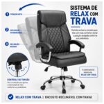 Detalhe do mecanismo da Poltrona Presidente Luxo Confort com regulagem de altura e sistema relax Syncron.