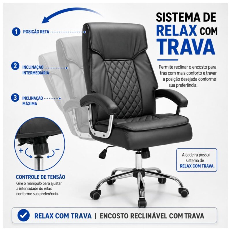 Detalhe do mecanismo da Poltrona Presidente Luxo Confort com regulagem de altura e sistema relax Syncron.