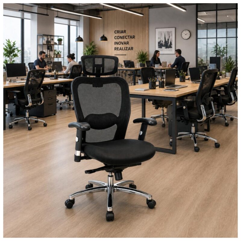 Cadeira New Ergon Presidente posicionada em coworking moderno e profissional.