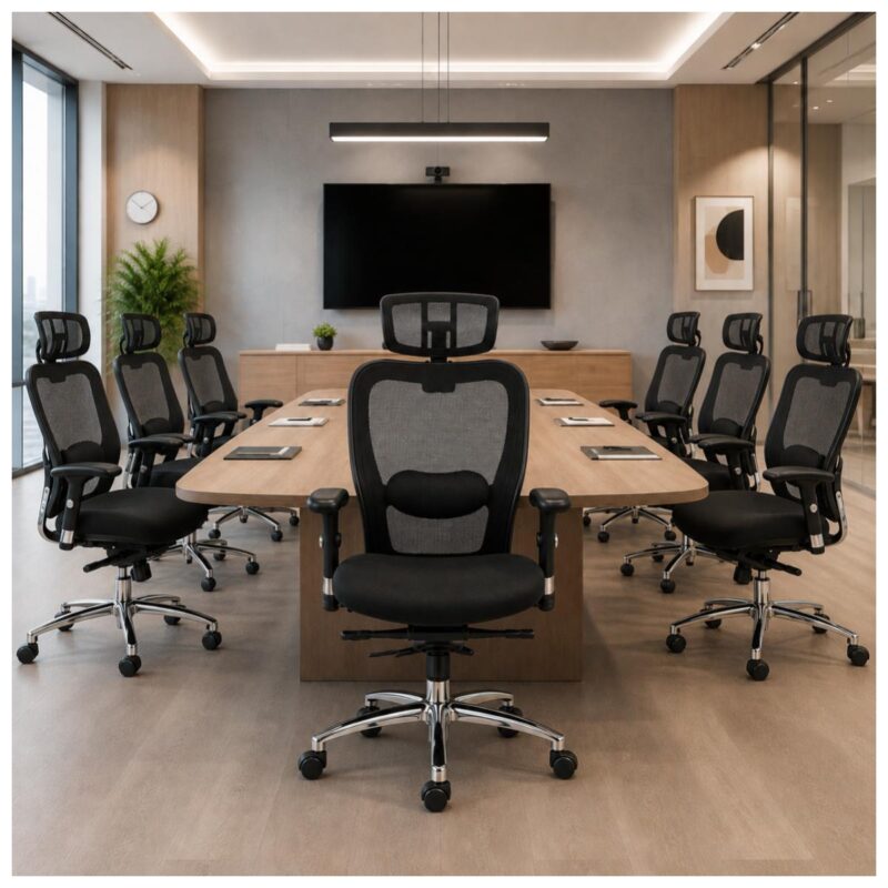 Cadeira New Ergon Presidente utilizada em sala de reunião corporativa ou diretoria.