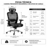 Medidas da cadeira New Ergon Presidente com altura de 117 a 127 cm e assento de 52 por 53 cm.