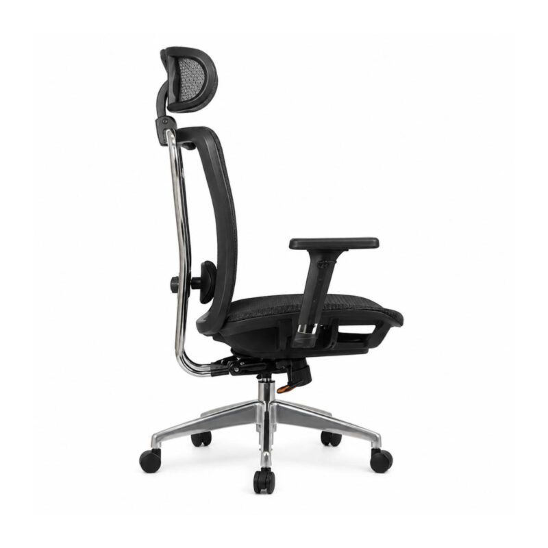 Cadeira MK-4000 Full Mesh em perfil lateral com encosto curvo e assento de 50 cm de profundidade.