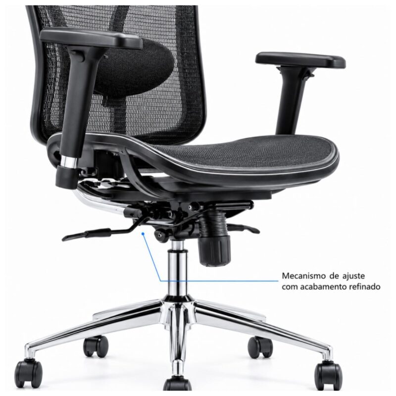 Close-up comercial dos comandos do mecanismo Syncron da cadeira MK-4000 Full Mesh.