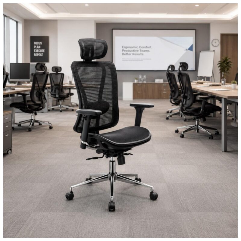 Cadeira MK-4000 Full Mesh aplicada em escritório corporativo com área de trabalho e reunião.