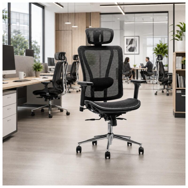 Cadeira Presidente MK-4000 Full Mesh posicionada em coworking moderno e profissional.