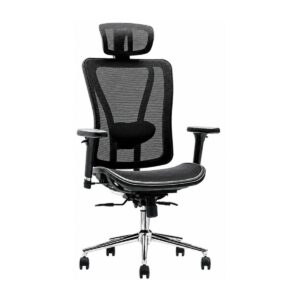 Cadeira Presidente Ergonômica MK-4000 Full Mesh preta com apoio de cabeça, braços 3D e base cromada.