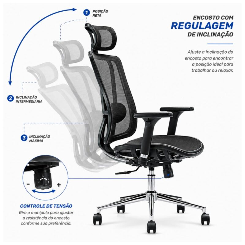Detalhe do mecanismo Syncron com sistema Multi-lock e ajuste de tensão da cadeira MK-4000.