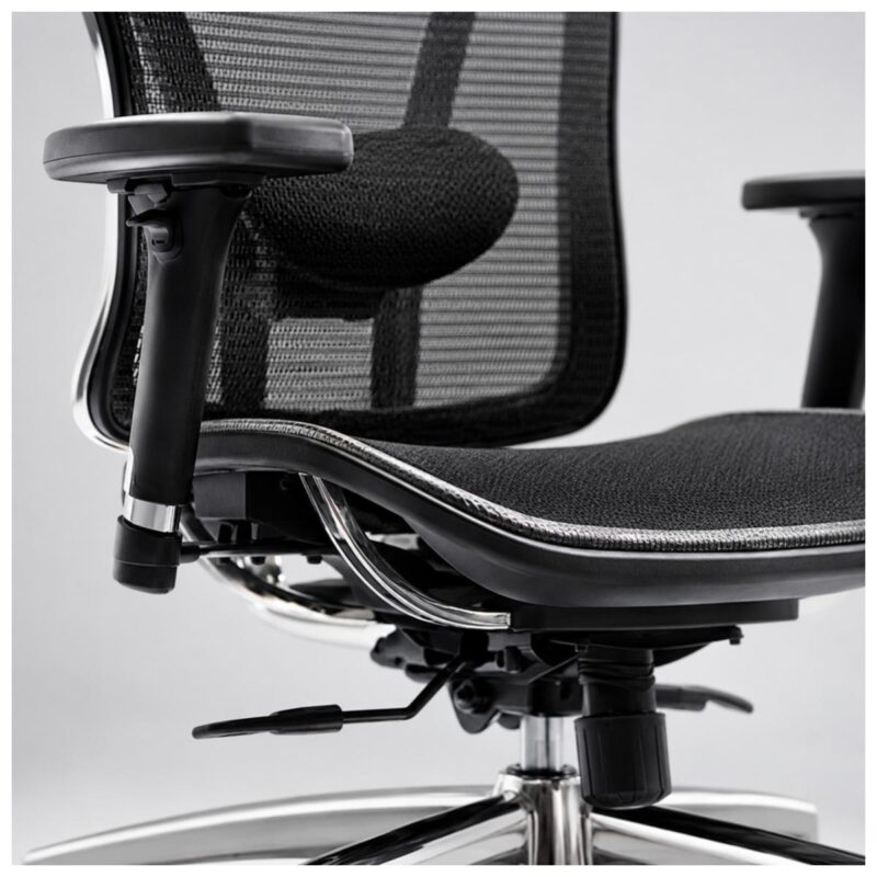 Close-up estrutural do mecanismo Syncron e do pistão Classe 4 da cadeira MK-4000 Full Mesh.