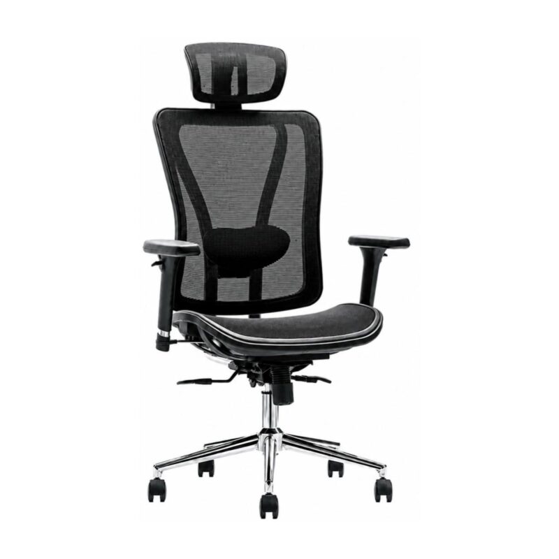Cadeira Presidente Ergonômica MK-4000 Full Mesh preta com apoio de cabeça, braços 3D e base cromada.