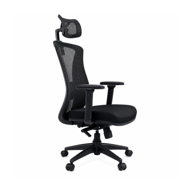 Cadeira BlumeOffice BLM-0241 preta em perfil lateral, mostrando o encosto curvo e o assento com 48 cm de profundidade.