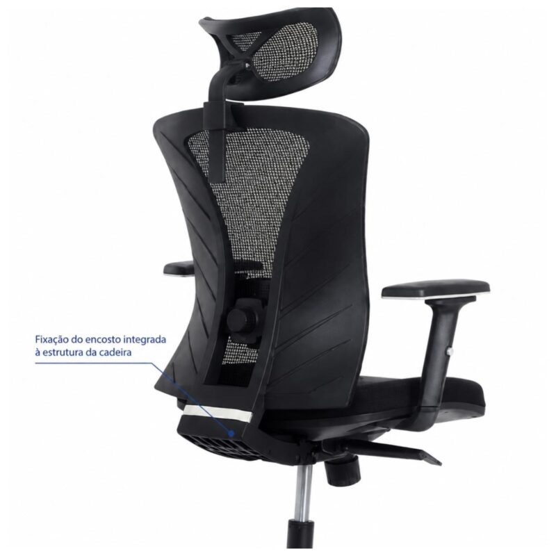 Imagem técnica do design geral da cadeira BlumeOffice BLM-0241 com apoio de cabeça e braços 3D.
