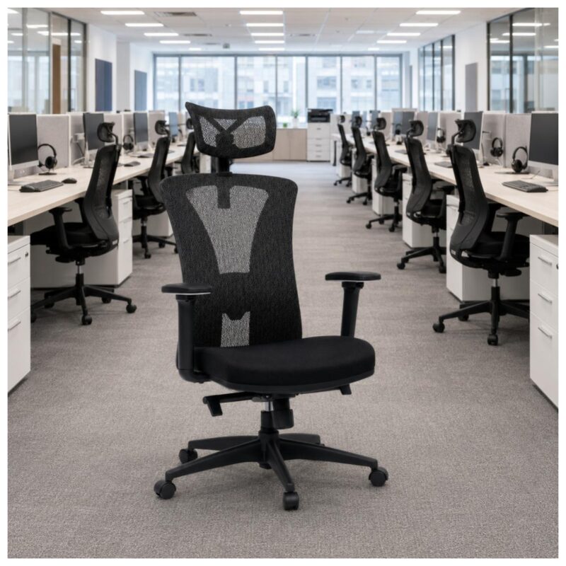 Cadeira BlumeOffice BLM-0241 aplicada em escritório corporativo com área de trabalho e reunião.