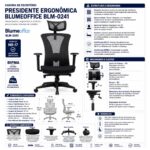 Ficha técnica da cadeira BlumeOffice BLM-0241 com certificações, regulagens, dimensões, base e rodízios.