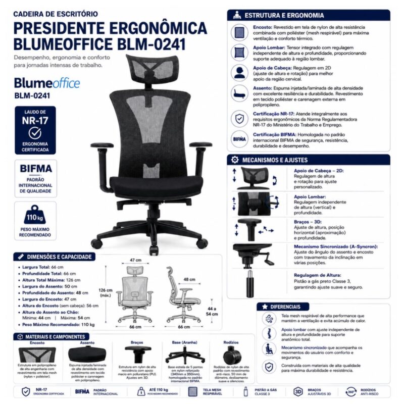 Ficha técnica da cadeira BlumeOffice BLM-0241 com certificações, regulagens, dimensões, base e rodízios.