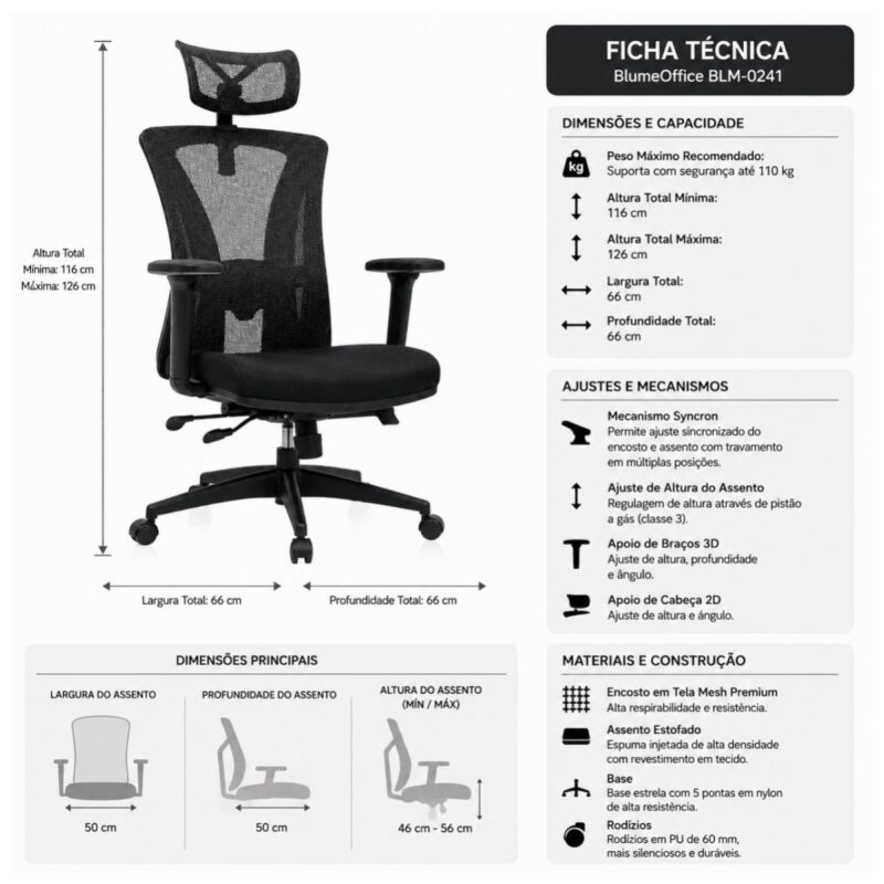Medidas da cadeira BlumeOffice BLM-0241 com altura máxima de 126 cm e assento de 50 por 48 cm.