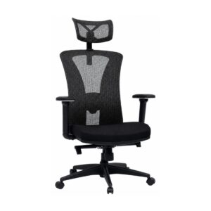 Cadeira de escritório Presidente Ergonômica BlumeOffice BLM-0241 preta com encosto em tela mesh e apoio de cabeça.