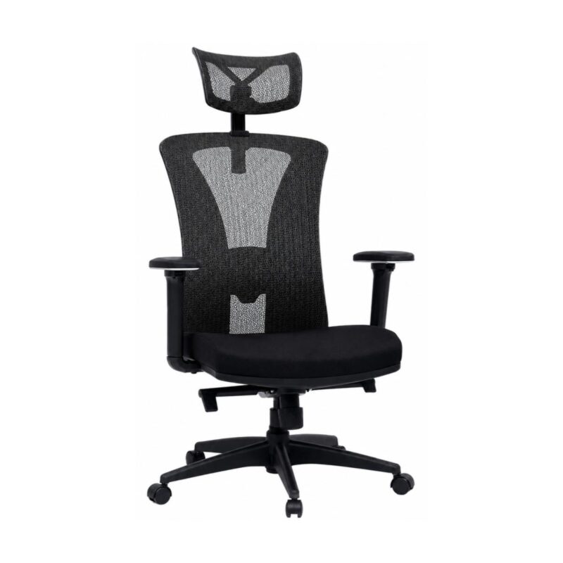 Cadeira de escritório Presidente Ergonômica BlumeOffice BLM-0241 preta com encosto em tela mesh e apoio de cabeça.