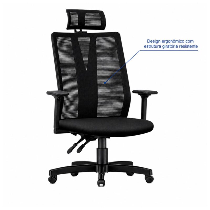 Imagem técnica do design geral da Cadeira Presidente Addit Frisokar com apoio de cabeça.