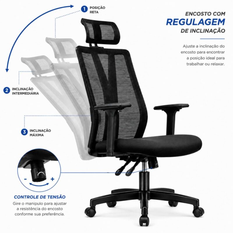 Detalhe do mecanismo Back System e dos ajustes da Cadeira Presidente Addit Frisokar.