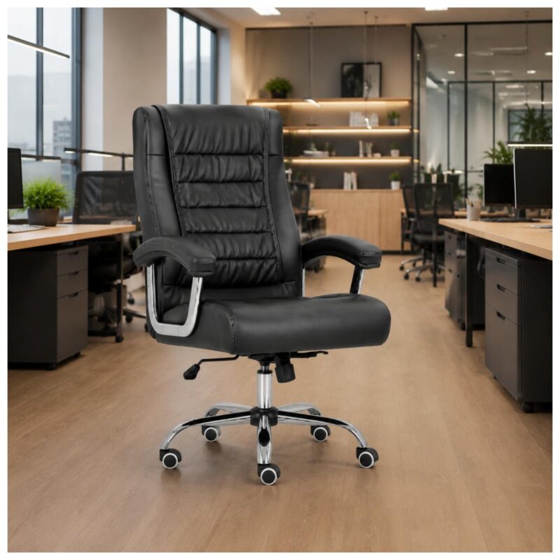Cadeira Presidente Luxo com molas ensacadas em escritório moderno com mesa de trabalho.