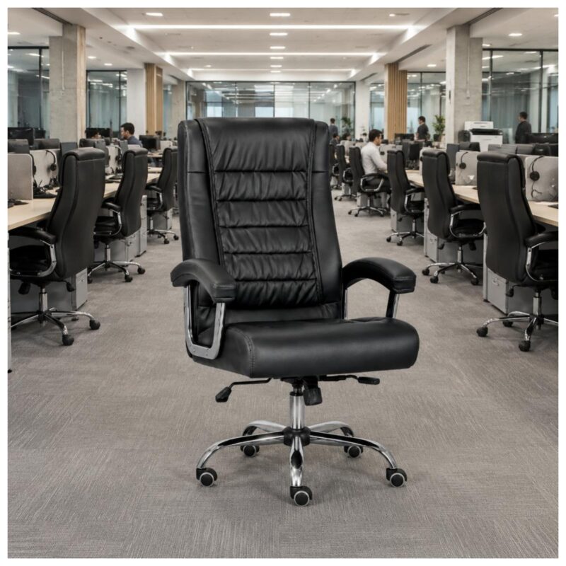 Cadeira Presidente Luxo preta em sala de diretoria com mesa executiva e mobiliário corporativo.