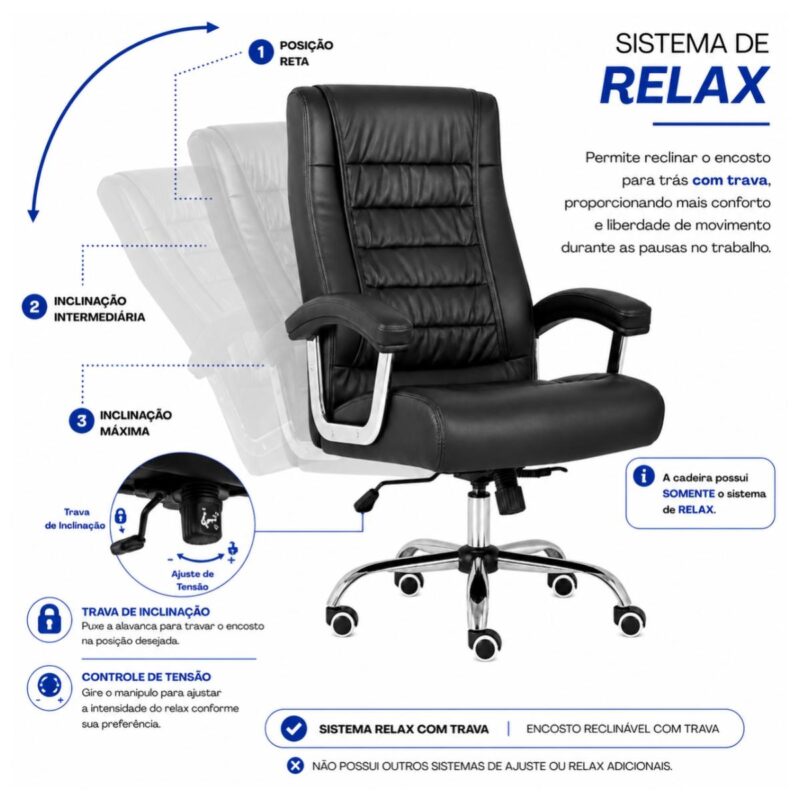 Detalhe do mecanismo da Cadeira Presidente Luxo com regulagem de altura e sistema relax de até 120 graus.