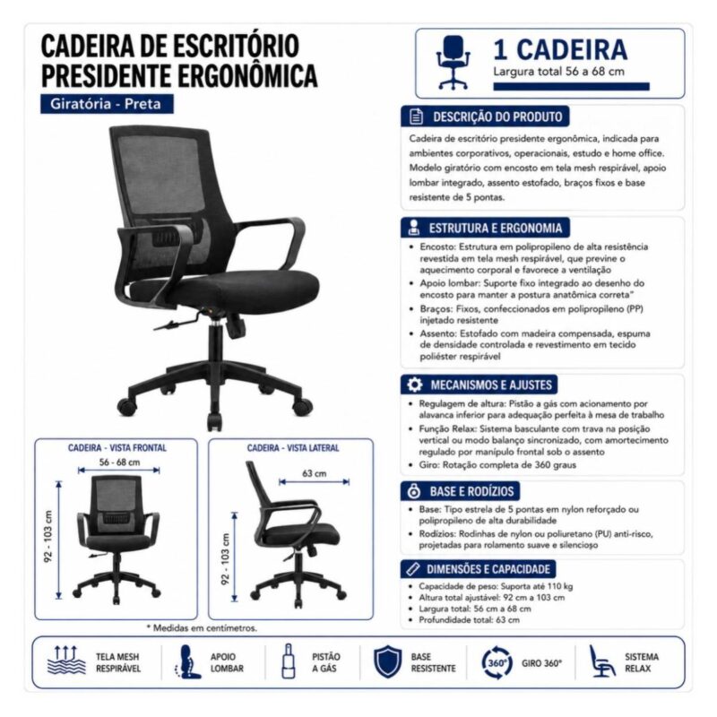 Cadeira de Escritório Cadeira para Escritório Ergonômica com Encosto Telado e Apoio Cervical