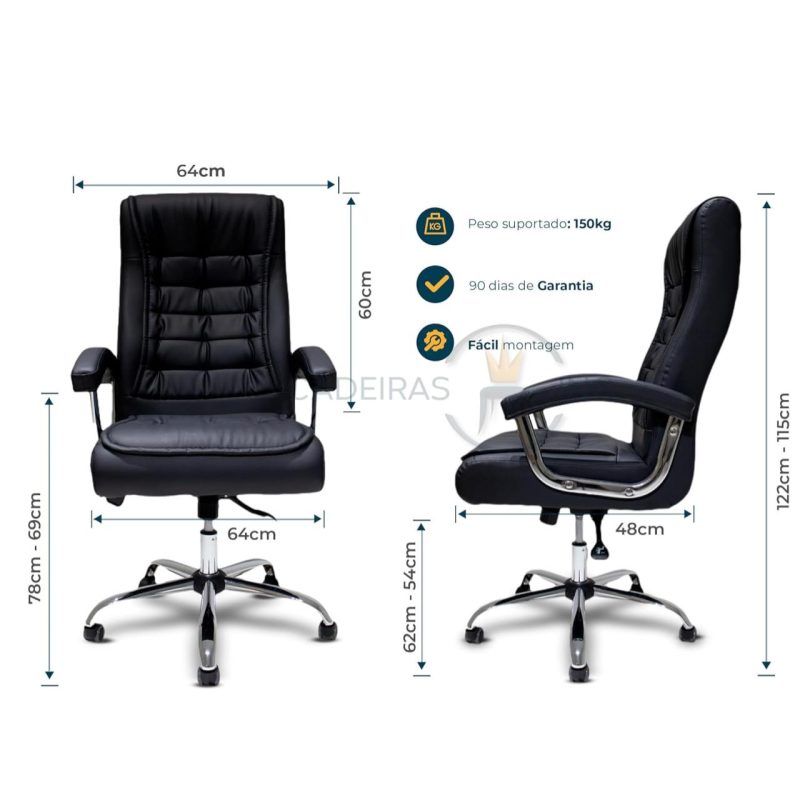 Cadeira Escritório Poltrona Presidente LUXO c/ mola Ensacada - Couríssimo Preto 30016