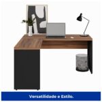 Mesa de Escritório em L (Mesa 1,50m + Mesa Auxiliar) - Sem Gavetas NOGAL SEVILHA/PRETO - 21476