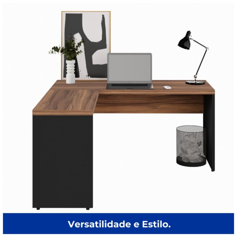 Mesa de Escritório em L (Mesa 1,50m + Mesa Auxiliar) - Sem Gavetas NOGAL SEVILHA/PRETO - 21476