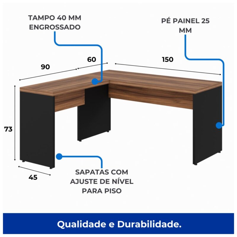 Mesa de Escritório em L (Mesa 1,50m + Mesa Auxiliar) - Sem Gavetas NOGAL SEVILHA/PRETO - 21476