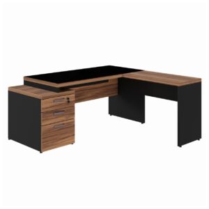 Mesa para Escritório em "L" com VIDRO FUMÊ - 1,92X1,60M NOGAL SEVILHA/PRETO - 21407