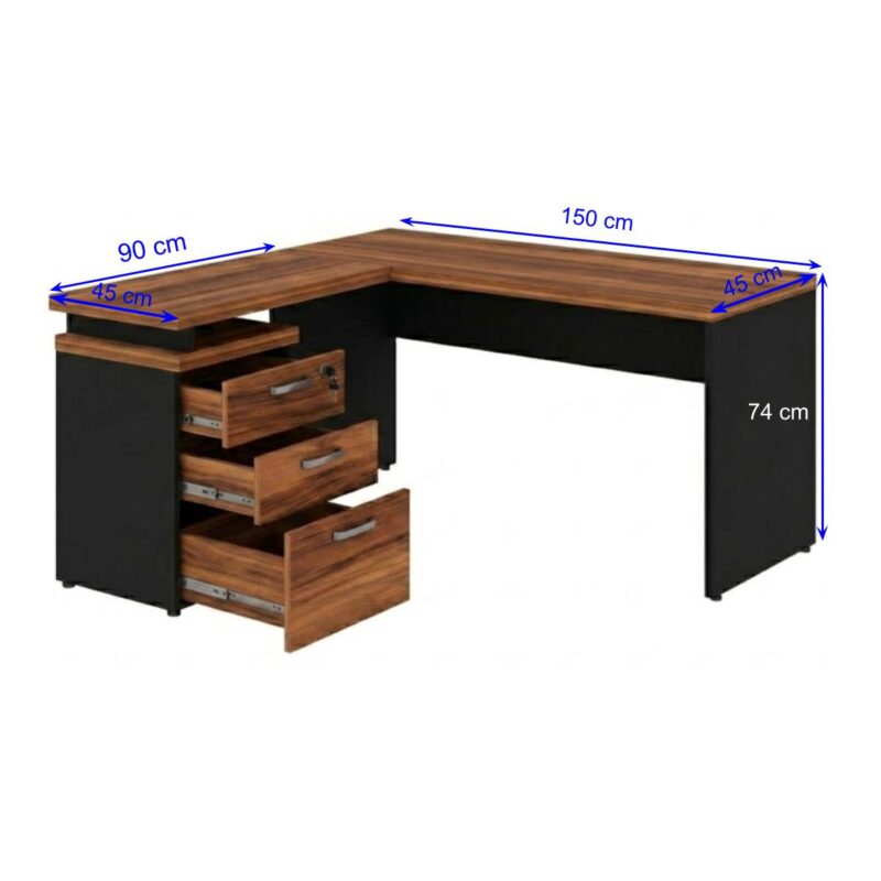 Móveis para Escritório Mesa Escritório em “L” c/ Gavetão na Auxiliar 1,70×1,60m – (Tampo 40mm) – Nogal Sevilha / Preto - 21423