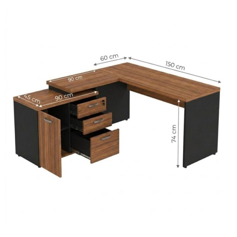 Móveis para Escritório Mesa Escritório em "L" - 1,50x1,50m (Extensível) - com Armário Misto (03 Gav.) - WORKSTART - NOGAL/SEVILHA - 20603