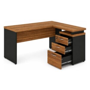 Mesa Escritório em “L” c/ Gavetão na Auxiliar 1,70×1,60m – (Tampo 40mm) – Nogal Sevilha / Preto - 21423