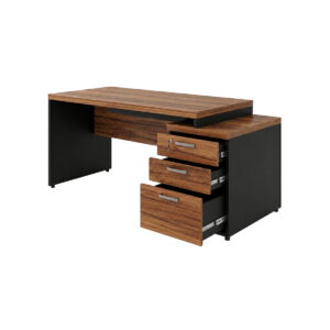 Mesa pedestal reta Nogal Sevilha e preto com tampo elevado, três gavetas abertas e puxadores prateados.