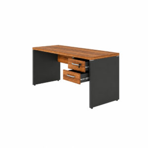 Mesa reta Nogal Sevilha e preto com pés painel e duas gavetas abertas à direita, com chave na gaveta superior.