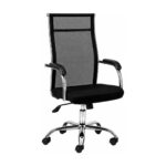 Cadeira para Escritório Ergonômica preta em vista três quartos, com encosto telado, braços e base cromada.