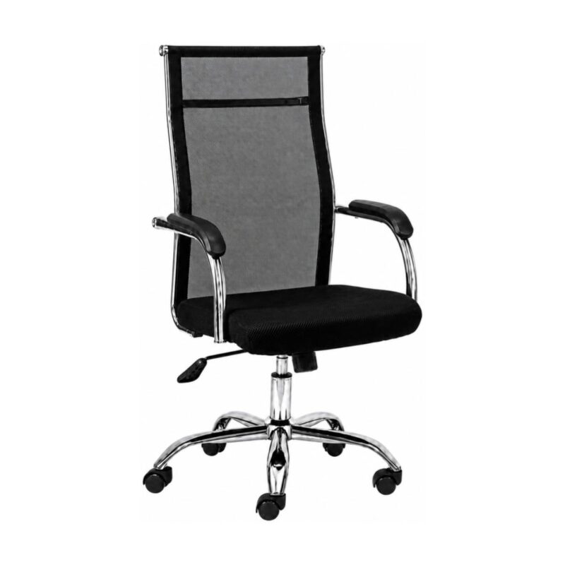Cadeira para Escritório Ergonômica preta em vista três quartos, com encosto telado, braços e base cromada.